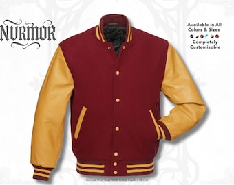 Maroon Wool Varsity Jacket: Golden Leather Sleeves Letterman Bomber