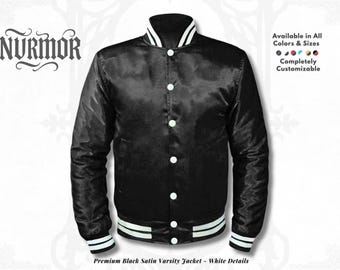 Men's Black Satin Varsity Baseball Bomber Jacket with White Ribs Sizes (XS-7XL), Customizable