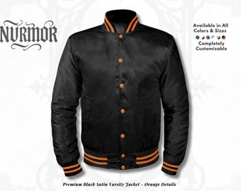 Men's Full Black Satin Baseball Bomber Jacket Sizes (XS-7XL), Customizable