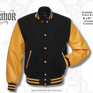 May include: Black wool body varsity jacket with yellow leather sleeves. Features a button-up front, pockets, and striped cuffs and hem. The jacket has the text "NURMOR" at the top and "Available in All Colors & Sizes, Completely Customizable" on the right.
