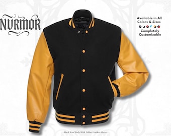 Black Wool Varsity Jacket: Golden Leather Sleeves, Letterman Bomber
