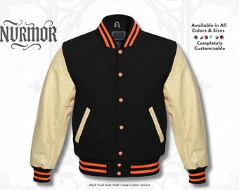 New Adult Black Varsity Wool Leather Baseball Letterman Jacket with Ivory Sleeves