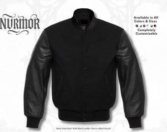 Unisex Black Wool Letterman Jacket: Genuine Leather Sleeves