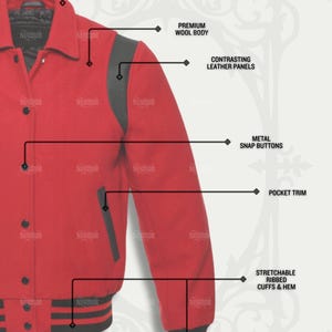 May include: Red varsity jacket with black leather panels, metal snap buttons, and a stand collar. Features a premium wool body, pocket trim, and stretchable ribbed cuffs and hem. The jacket has the word "NURIMOR" printed on it.