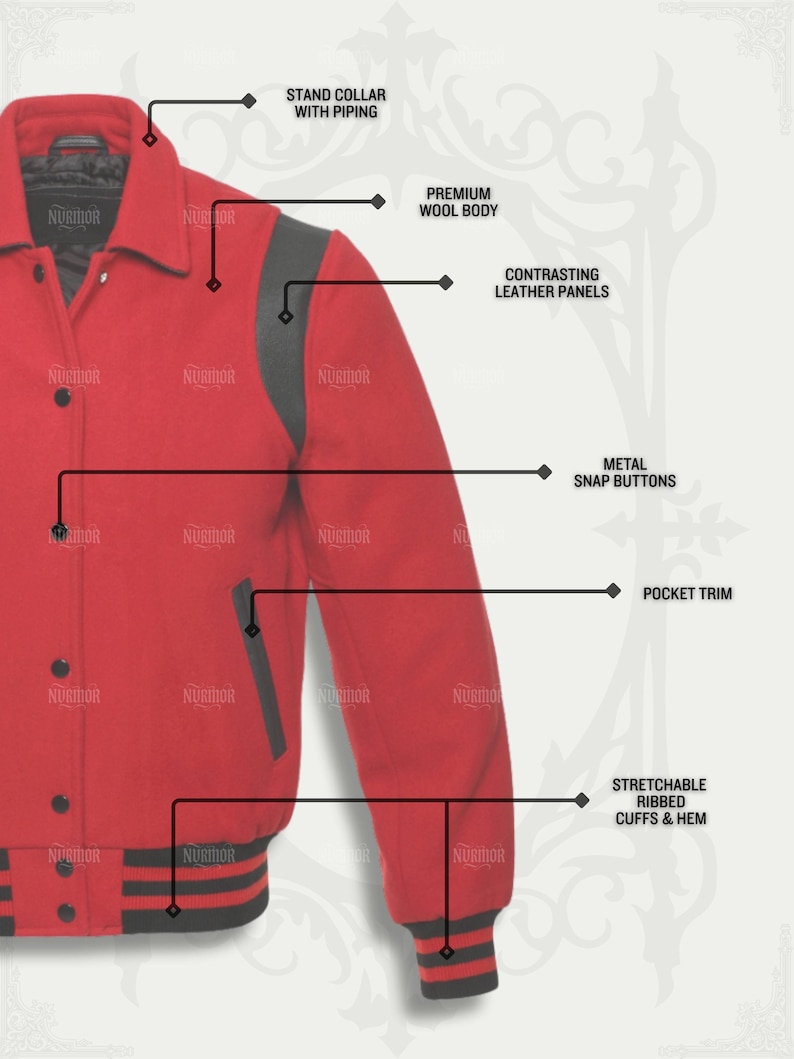 May include: Red varsity jacket with black leather panels, metal snap buttons, and a stand collar. Features a premium wool body, pocket trim, and stretchable ribbed cuffs and hem. The jacket has the word "NURIMOR" printed on it.