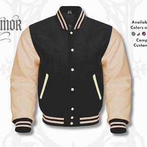 Zwart/crème varsity unisex baseball bomberjack (maat XS-7XL) - Gepersonaliseerd herfstcadeau voor hem/haar