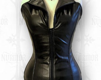 Women Black Leather Collar Vampire Full Zipper Steel Boned Fashionwear Corset