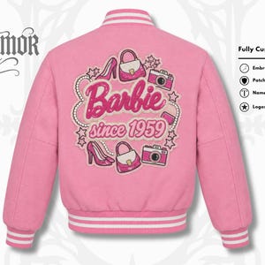 Embroidered Barbie Handmade Baby Pink Women Varsity Jacket - Personalized Pink Wool Leather Letterman Winter Jacket with Patchwork XS-7XL