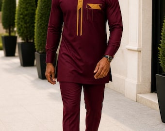 Ensemble caftan africain bordeaux pour homme – Tenue traditionnelle à manches longues brodée or