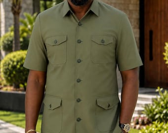Terno Safari Masculino Verde Oliva | Terno Kaunda de Manga Curta | Conjunto Africano de Duas Peças