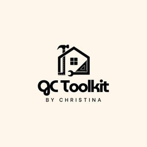 May include: A black and white logo for "QC Toolkit". The logo features a house shape containing tools such as a hammer, wrench, and ruler. The text "QC Toolkit" is below the house, with "BY CHRISTINA" underneath.