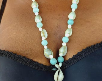 African necklace, natural amazonite (March birthstone), cowrie shells, gift for her