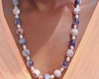 Statement necklace, freshwater pearls, natural pink opal and amethyst