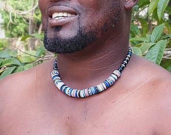 African unisex necklace, blue and pink ethnic necklace