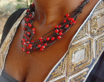 Tuareg multi strand necklace with goat leather