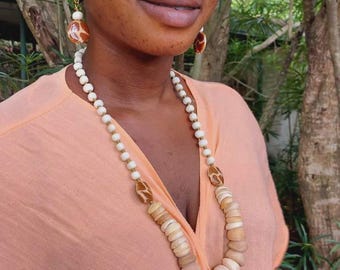 Organic natural ethnic necklace, bone and shell statement choker necklace