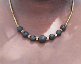 African unisex necklace, lava beads, Mali brass beads