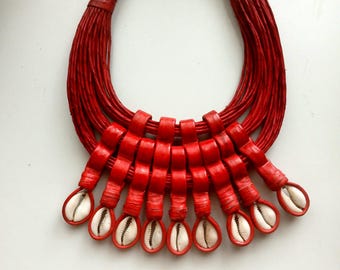 Handwoven Leather and Bold Cowry Shell Necklace