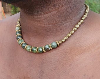 African unisex necklace with precious stones and rustic brass beads, March birthstone