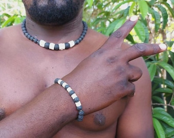 Set of choker and bracelet, unisex minimalist lava and fish vertebrae necklace
