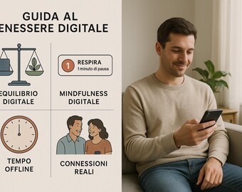Puede incluir: Una imagen que promueve el bienestar digital. Presenta a un hombre usando un teléfono inteligente, junto con gráficos con texto en italiano: "GUIDA AL BENESSERE DIGITALE". Los gráficos incluyen una balanza, una hoja, un reloj y una pareja.