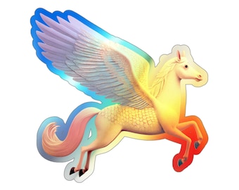 Puede incluir: Una pegatina con un pegaso mítico con alas iridiscentes y una melena y cola ondeantes. El caballo está representado en tonos de amarillo, naranja y rosa, con un contorno azul.
