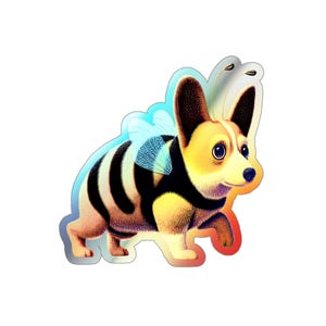 May include: A sticker featuring a corgi dog dressed as a bee. The corgi has a black and yellow striped body, a black vest, and blue wings. The sticker has a holographic effect with a white background.