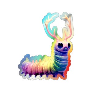 Holographic Kawaii Horned Caterpillar Sticker: 4-Inch Fantasy Art Vinyl Die-Cut Decal