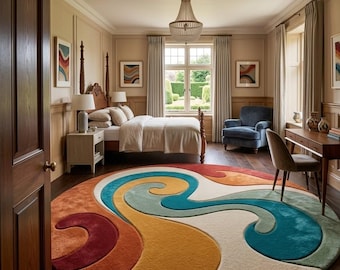 Colorful Tufted Rug, Abstract Round Rug, Modern Wool Carpet, Artistic Area Rug, Luxury Bedroom Decor