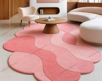 Handmade Pink Wavy Tufted Rug – Abstract Irregular Carpet for Living Room