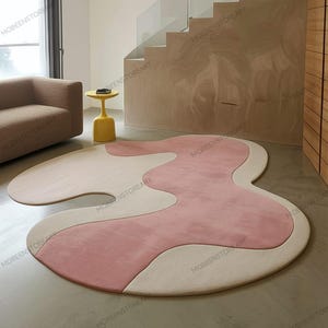 Abstract Wavy Tufted Rug: Pink & Beige Modern Floor Decor