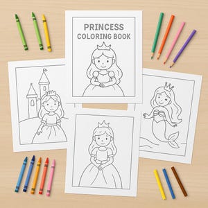 Cartoon Prinzessinnen Malbuch | 25 Zauberhafte Buchseiten für Kinder | Druckbare PDF-Download
