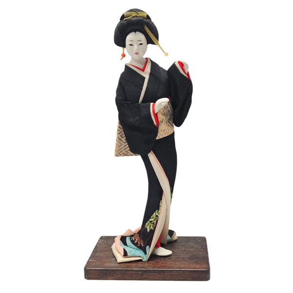 Vintage Japanese Geisha Doll Kimono Fabric Figure Wood Base 10”