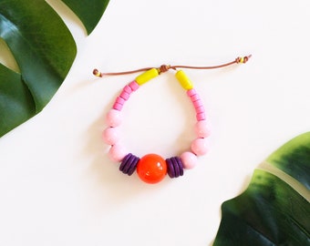 Colorful beaded bracelet, adjustable vintage beads, leather cord bracelet, boho colorful jewelry, bff gift under 50 gift for women
