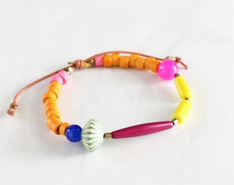 Boho colorful bracelet, Adjustable beaded bracelet, leather cord bracelet, vintage beads, bff gift under 50 gift for women
