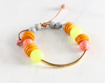 Chunky beaded bracelet, Boho colorful bracelet, Adjustable leather cord bracelet, vintage beads, bff gift under 50 gift for women