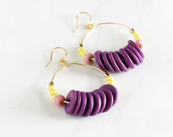 Plum terracotta, Dangly earrings, beaded hoop earrings, gift under 50 gift for women