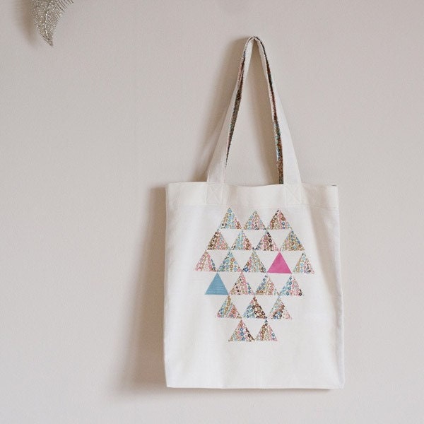 RESERVED-  Organic cotton canvas tote bag - geometric blue, pink, flowery triangles