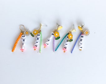SHIT- cute earrings, daisy flower, alphabet beads, aesthetic charm, enamel flower, sad girl jewelry