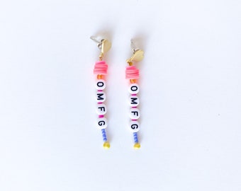 OMFG cute heart earrings alphabet beads, neon pink, daisy flower charm, multi-color, gift for her