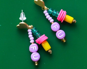 EFF YOU- cute earrings, purple alphabet beads, heart post, random multi color beads, sad girl jewelry