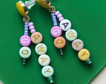 Go Away- cute dangly earrings, multi-color alphabet beads, yellow post, sad girl jewelry