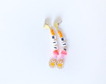 WTF cute earrings, daisy flower, alphabet beads, neon pink, heart post, aesthetic charm, enamel flower, sad girl jewelry