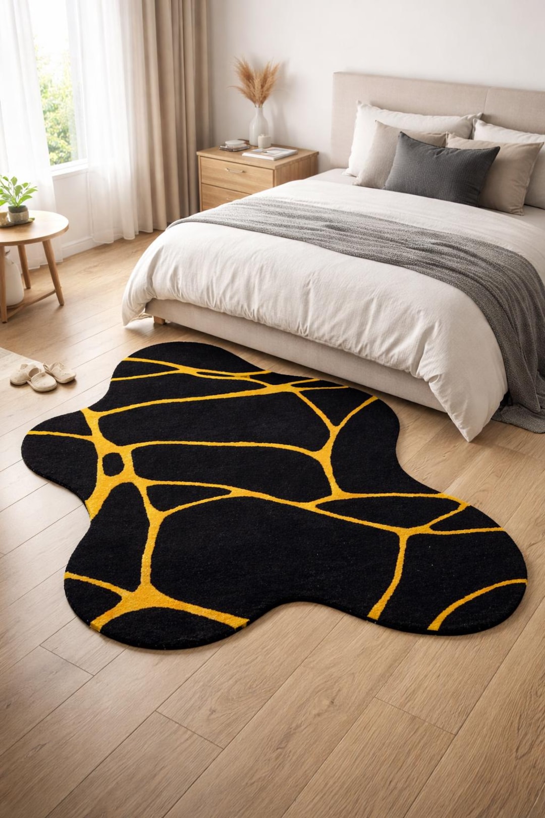Black Abstract Irregular Rug, Organic Shape, Gold Lines, Wool Blend ...