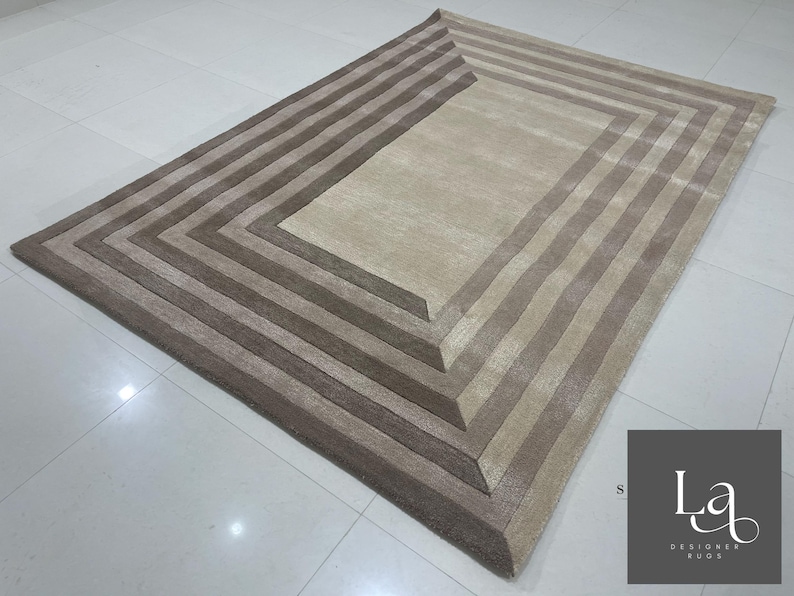 Modern Concentric Rectangular Pattern Tufted Rug in Beige and Brown Tones image 10