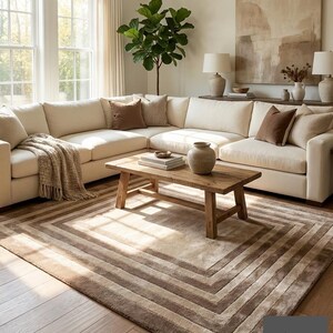 Modern Concentric Rectangular Pattern Tufted Rug in Beige and Brown Tones image 11