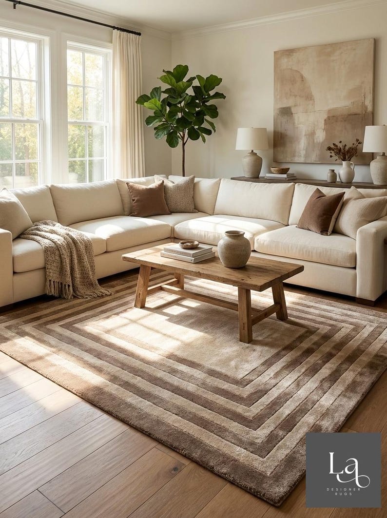 Modern Concentric Rectangular Pattern Tufted Rug in Beige and Brown Tones image 11