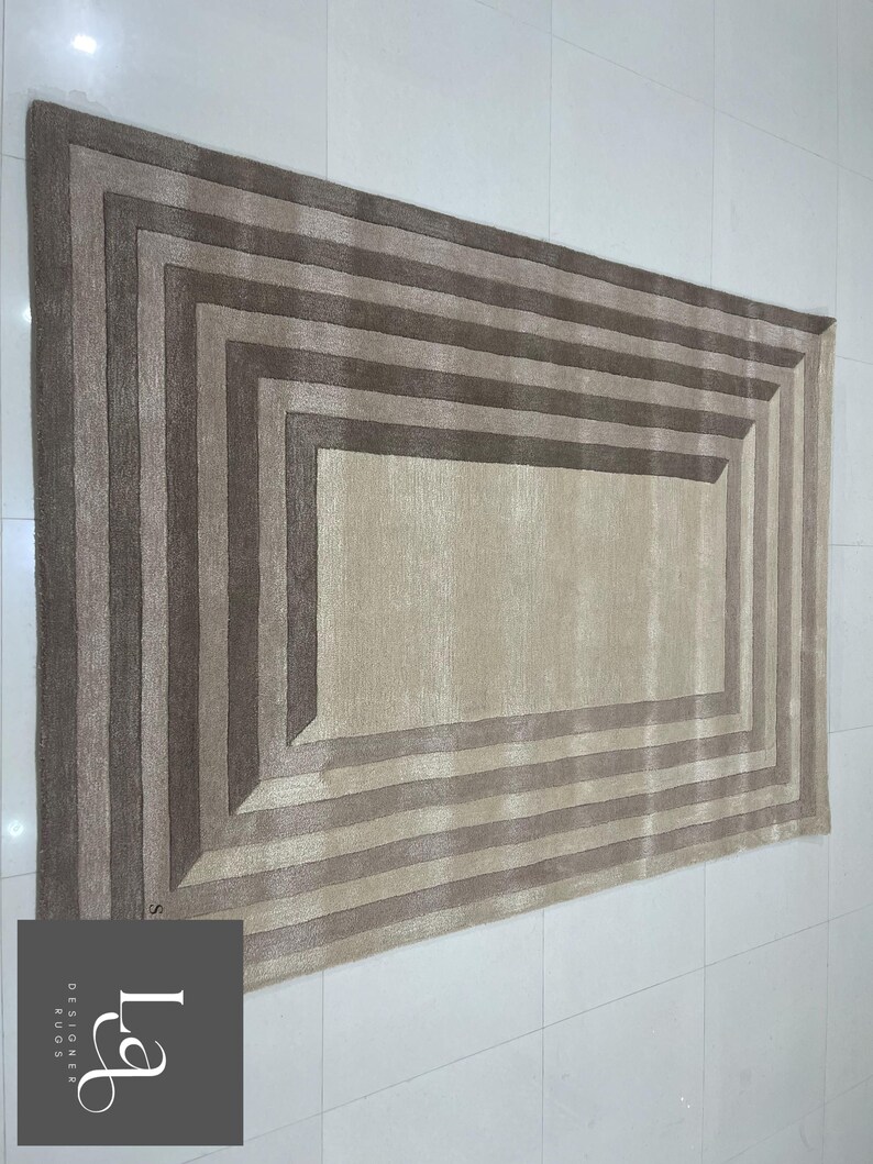 Modern Concentric Rectangular Pattern Tufted Rug in Beige and Brown Tones image 14
