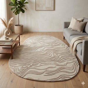 Tappeto ovale beige con motivo a onde astratte, tappeto testurizzato scandinavo giapponese per soggiorno