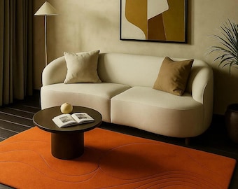 Hand Tufted Burnt Orange Wool Rug: Modern Wavy Scandinavian Area Rug